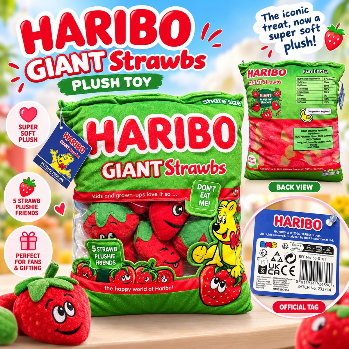 JHARIBO Giant Strawbs Plushie Friends – Share Size Bag with 5 Plush Toys