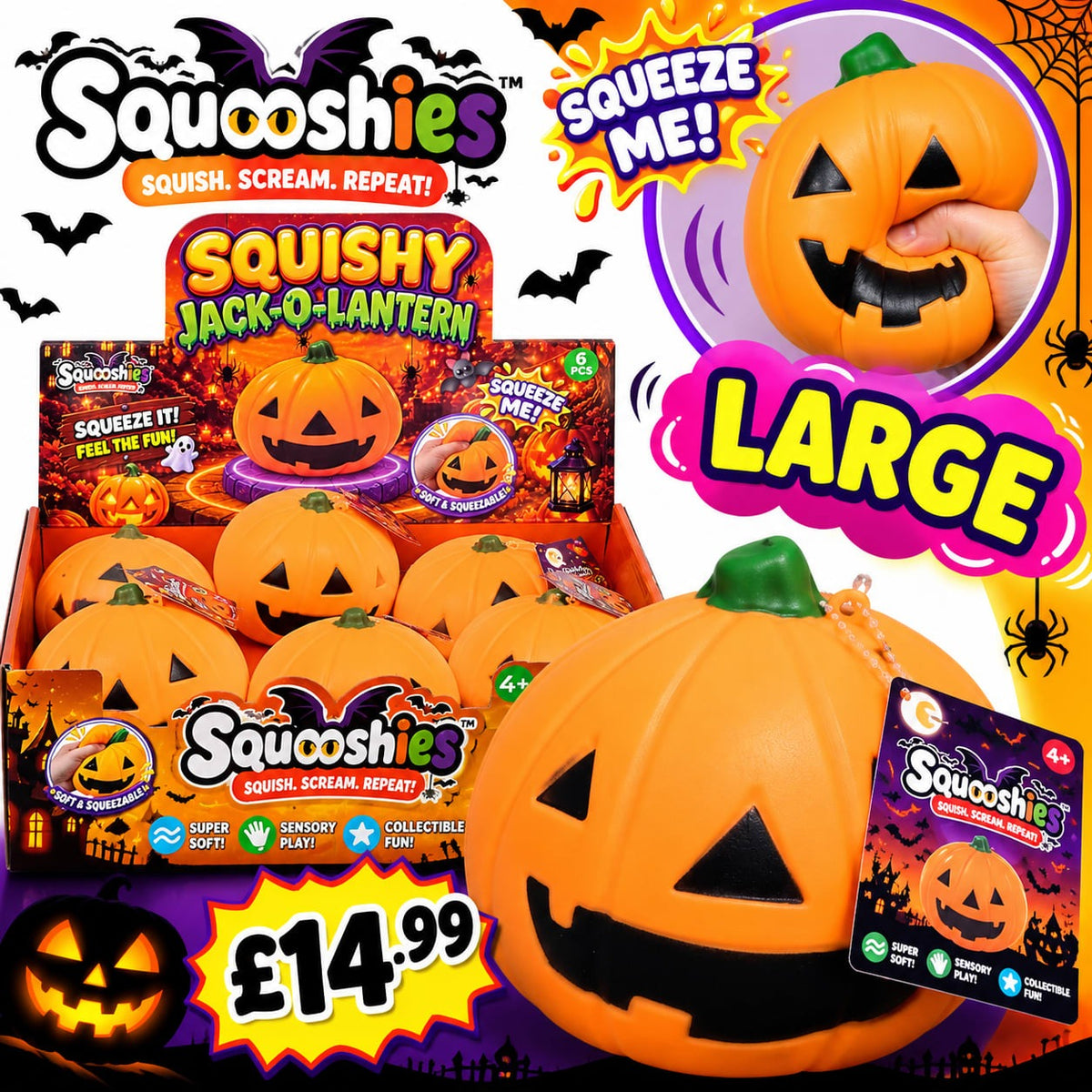 Large Squooshies Squishy Jack-O'-Lantern – Halloween Pumpkin Sensory Toy