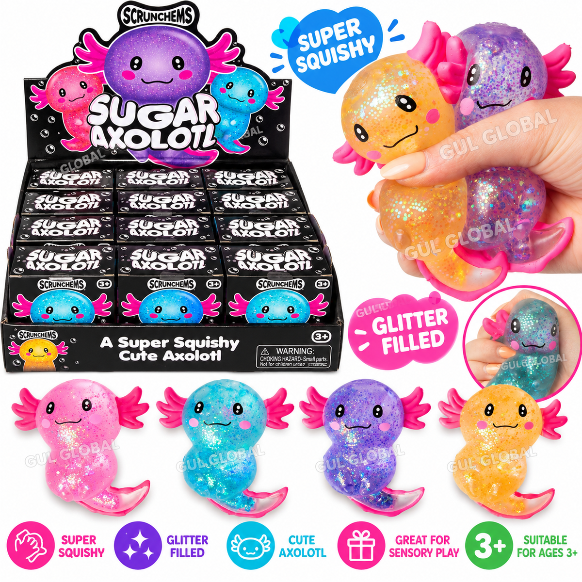 Scrunchems Sugar Axolotl – Super Squishy Glitter Sensory Toy